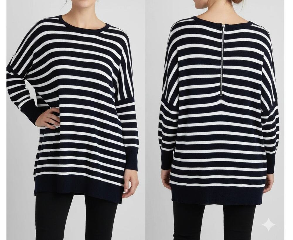 Atmosphere M 6/8 Zip Back Pull Over Sweater Drop Shoulder Black White Stripe